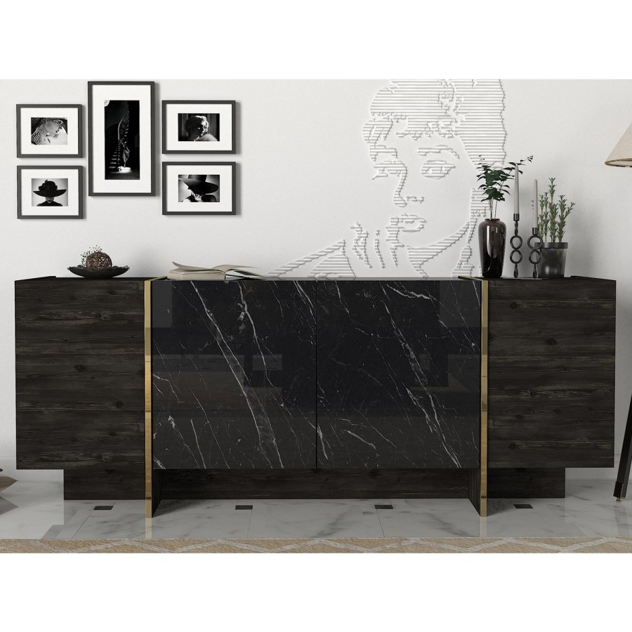 Black Marble Effect Sideboard with Gold Detailing - Furniture123