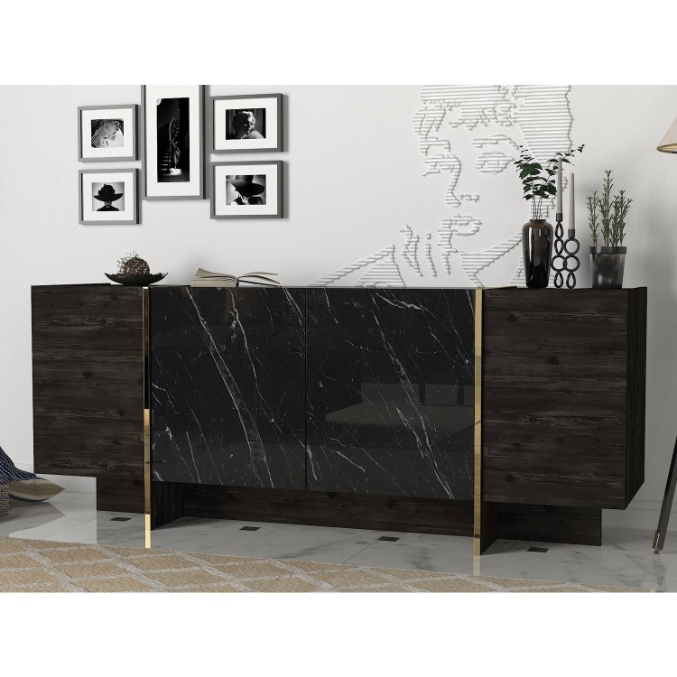 Black Marble Effect Sideboard with Gold Detailing