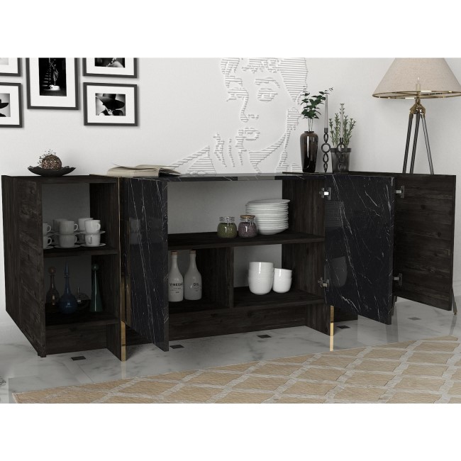 Black Marble Effect Sideboard with Gold Detailing