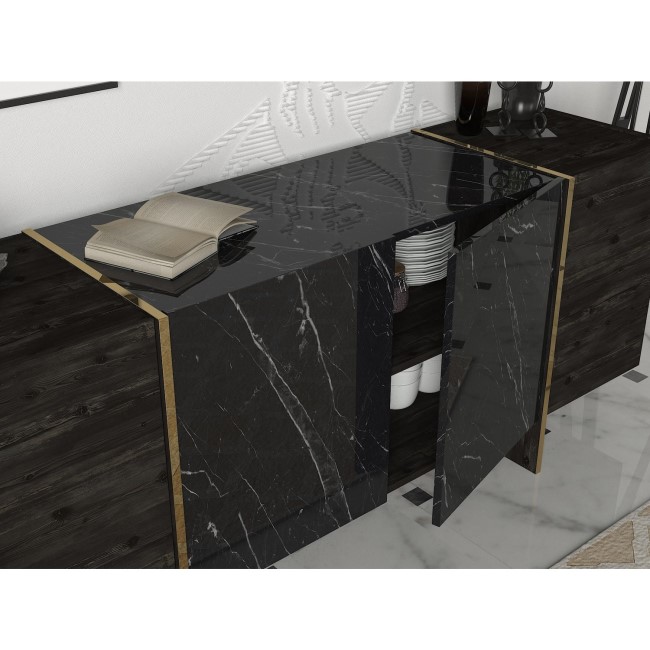 Black Marble Effect Sideboard with Gold Detailing