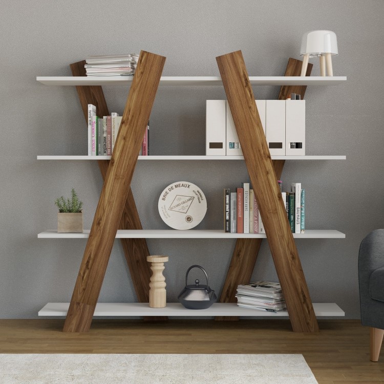 White and Oak Bookshelf with 4 Shelves