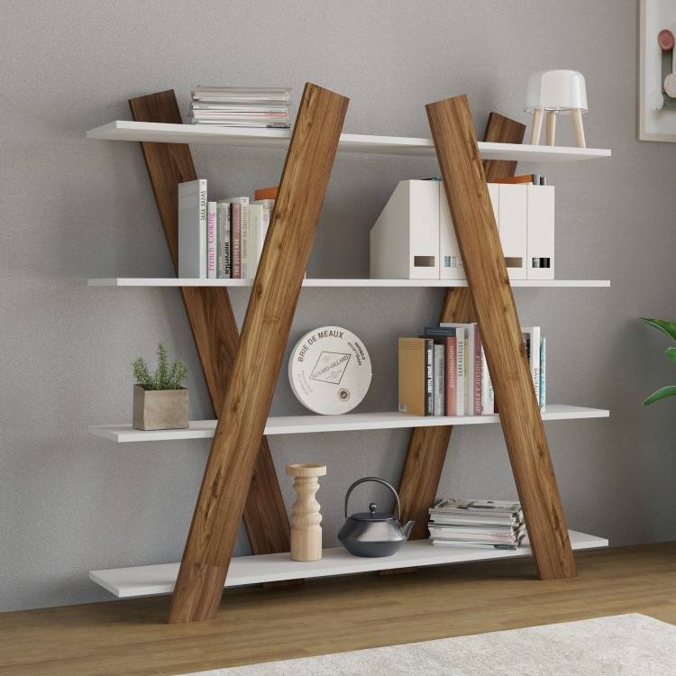 White and Oak Bookshelf with 4 Shelves