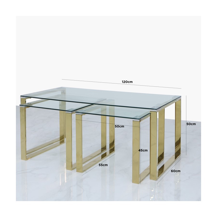 Rectangular Gold Glass Top Nest of 3 Tables - Amelia
