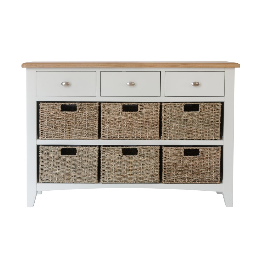 Bourton 3 Drawer 6 Basket Storage Unit in Cream and Light Oak