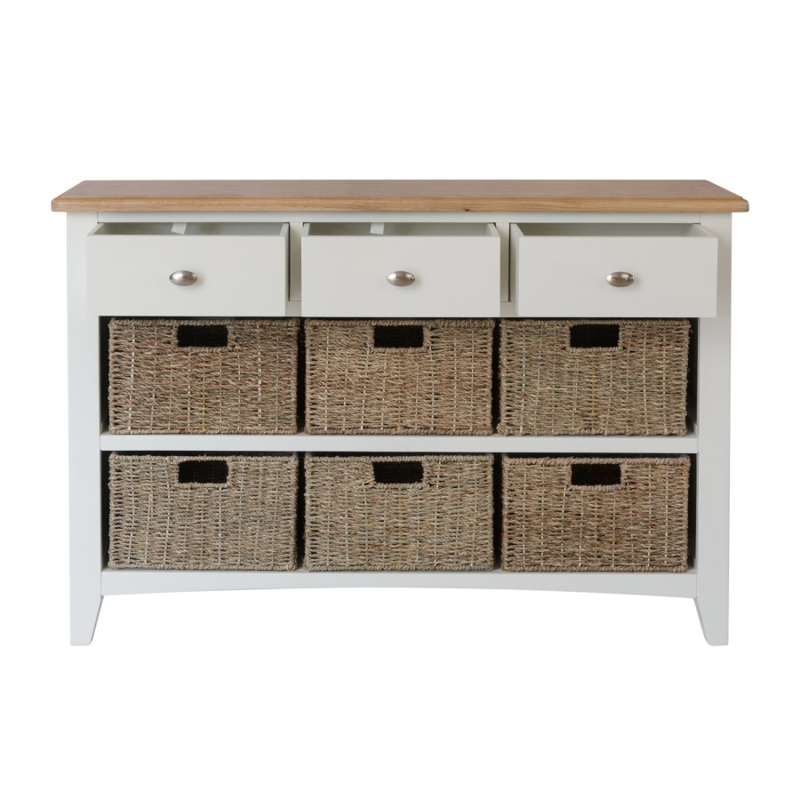 Bourton 3 Drawer 6 Basket Storage Unit in Cream and Light Oak