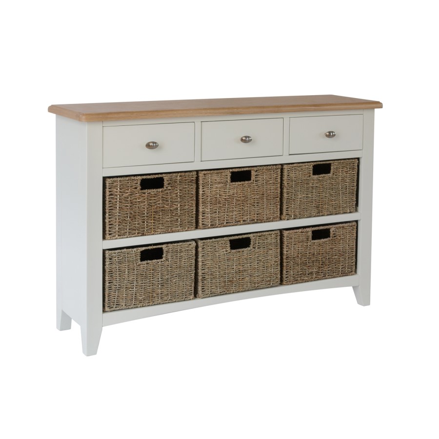 Bourton 3 Drawer 6 Basket Storage Unit in Cream and Light Oak
