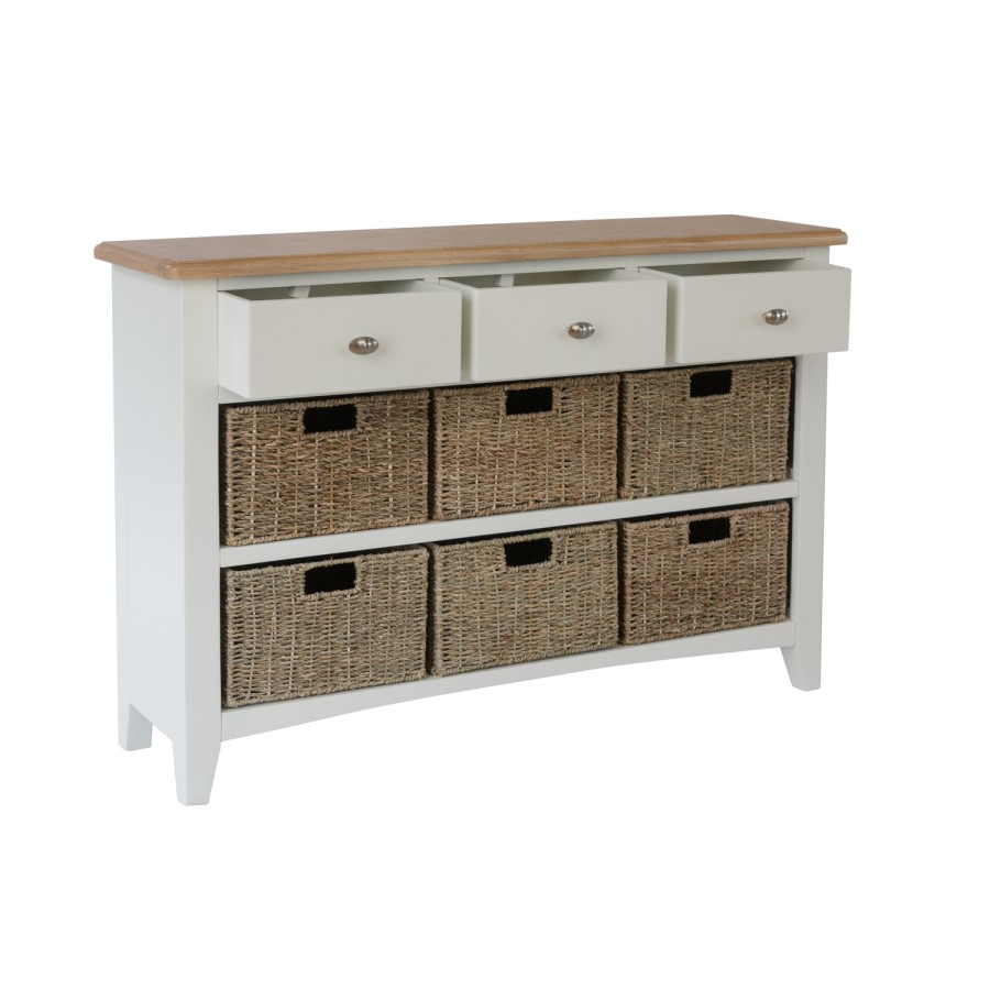 Bourton 3 Drawer 6 Basket Storage Unit in Cream and Light Oak