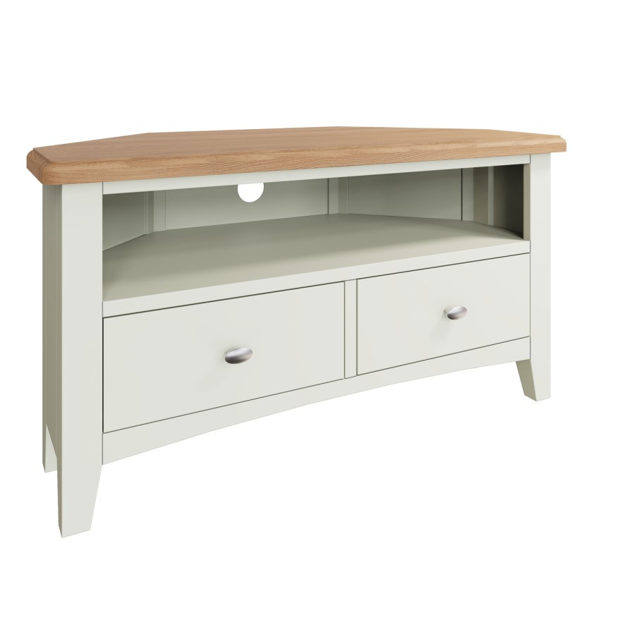 Bourton 2 Drawer Corner TV Unit in White and Light Oak