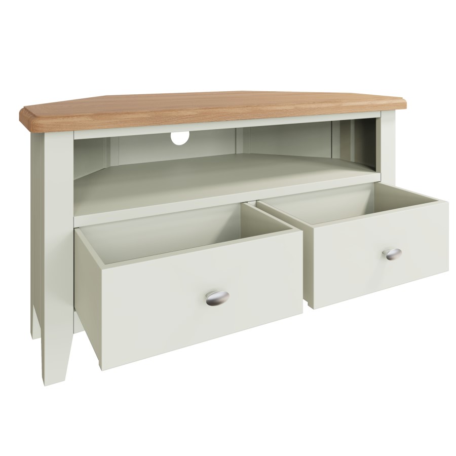 Bourton 2 Drawer Corner TV Unit in White and Light Oak