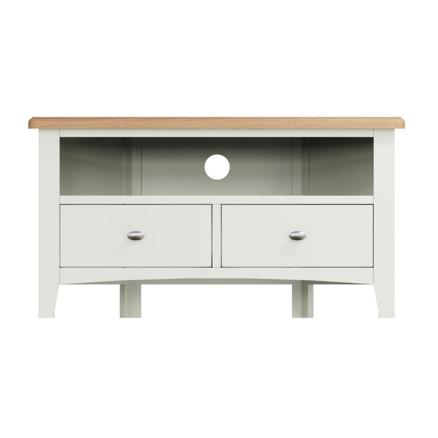 Bourton 2 Drawer Corner TV Unit in White and Light Oak