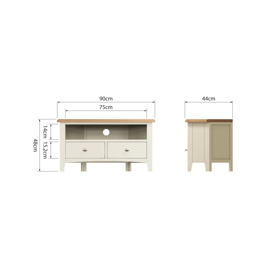 Bourton 2 Drawer Corner TV Unit in White and Light Oak
