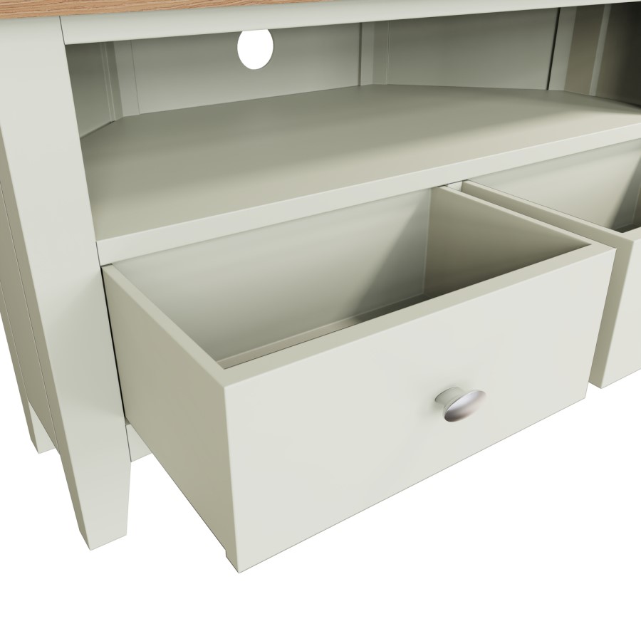Bourton 2 Drawer Corner TV Unit in White and Light Oak