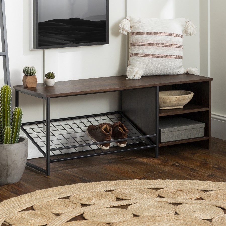 Foster Industrial Entry Bench with Shoe Storage in Dark Walnut