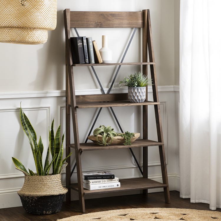 Foster Solid Wood Ladder Bookshelf in Brown