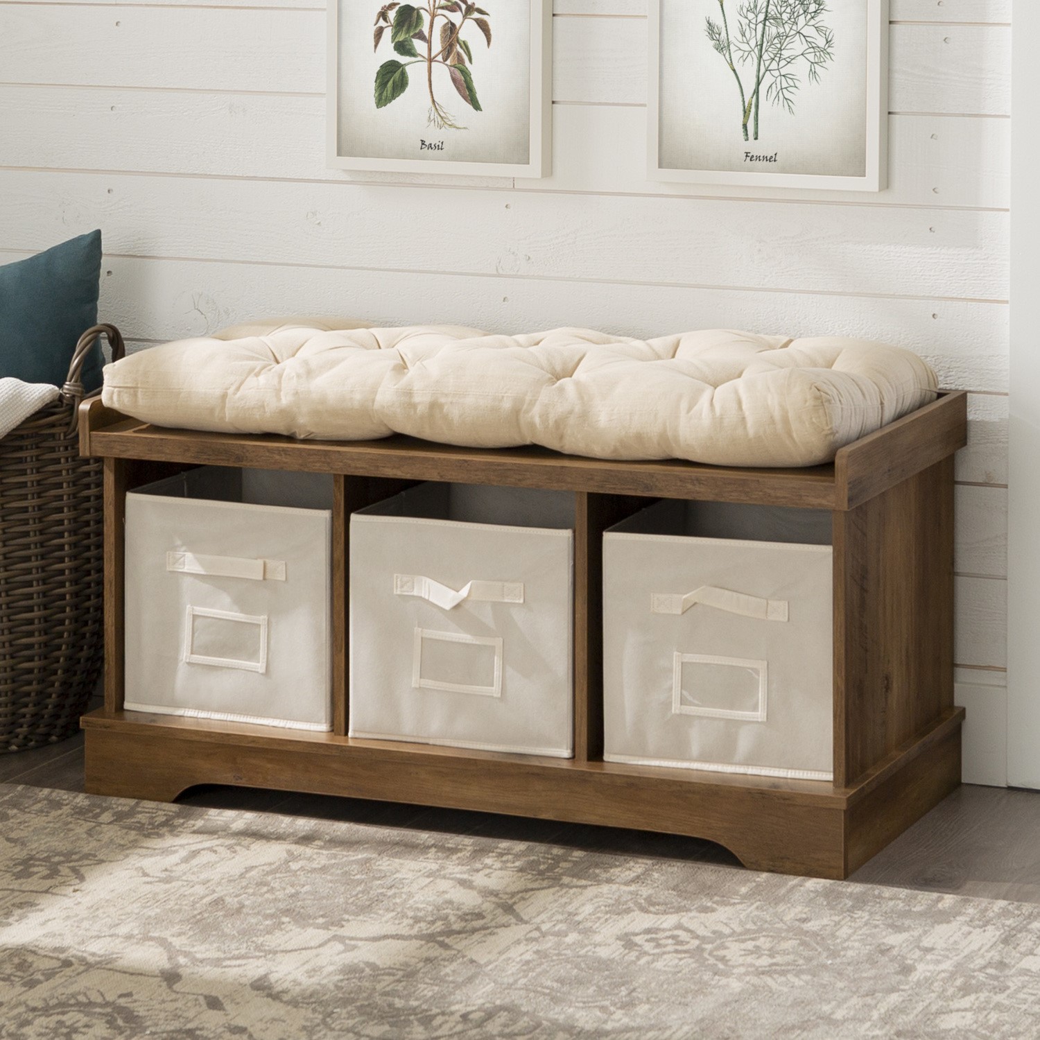 Foster Modern Farmhouse Entryway Storage Bench in Rustic Oak - Furniture123