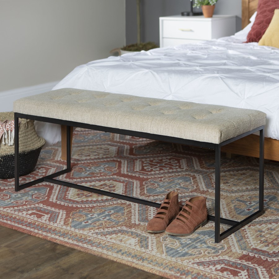 Foster Upholstered Tufted Hallway Bench in Beige Linen