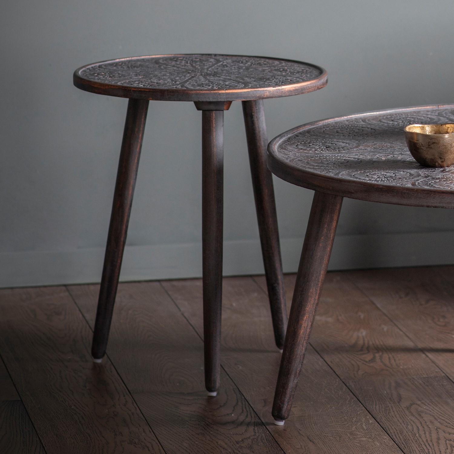Agra Patterned Wooden Side Table Grey Copper Finish - Caspian House ...