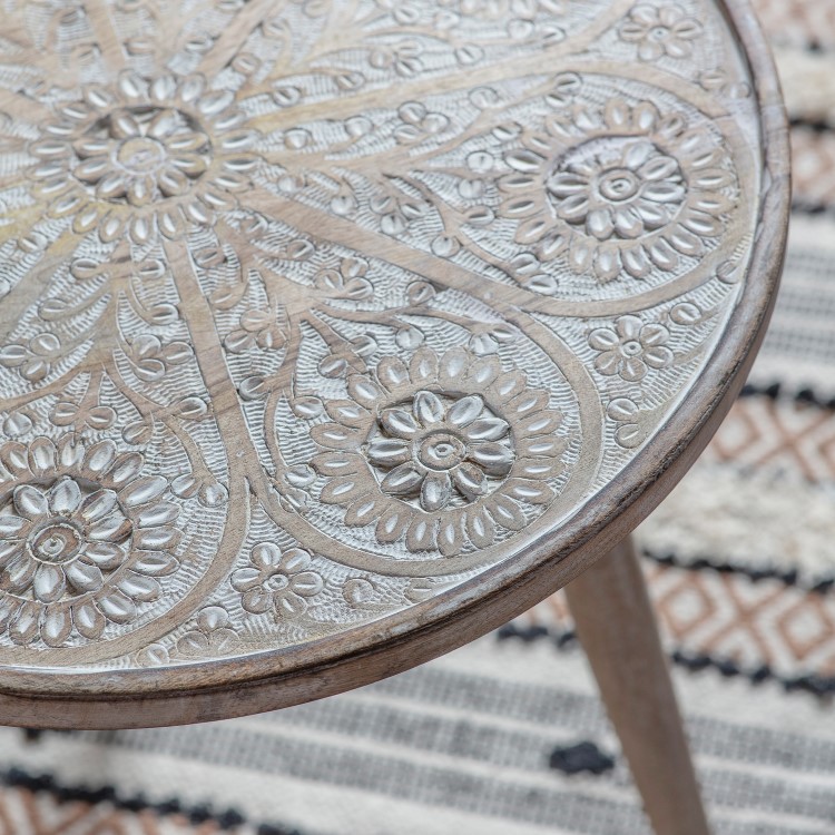 ONLY OPENED - Round Ash Side Table with Carved Detailing - Agra