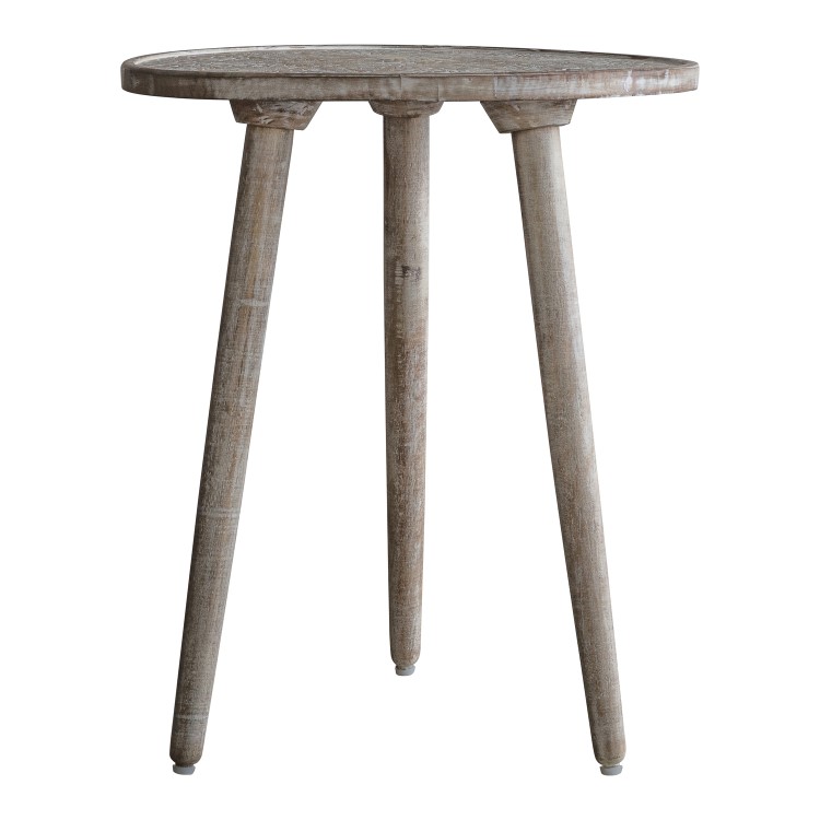 ONLY OPENED - Round Ash Side Table with Carved Detailing - Agra