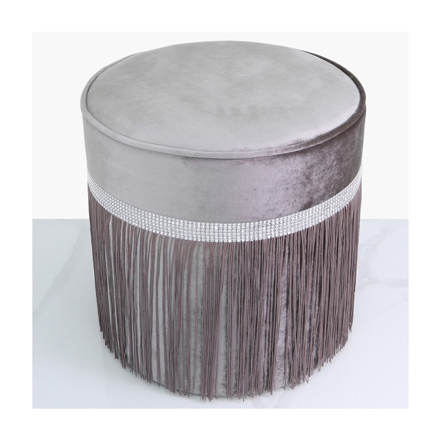 Aurora Boutique Grey Round Stool With Diamante Band And Tassel Detail