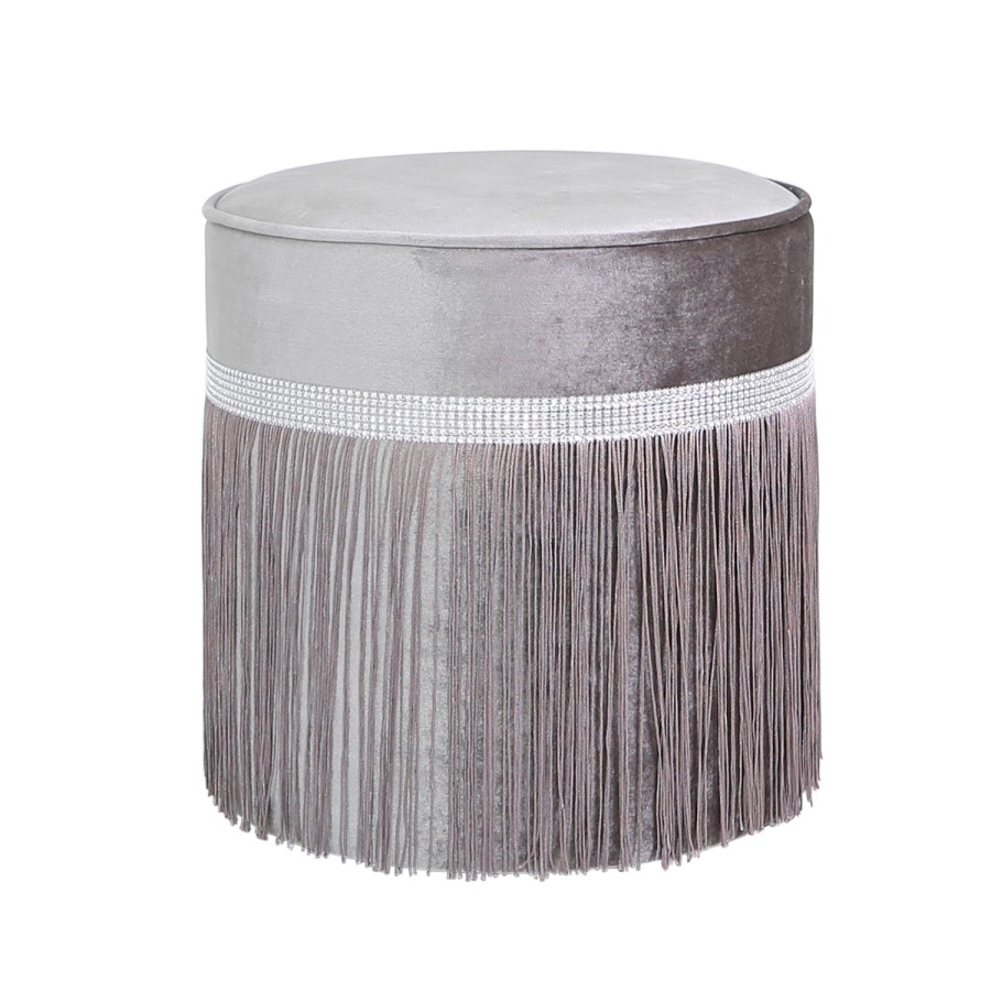 Aurora Boutique Grey Round Stool With Diamante Band And Tassel Detail