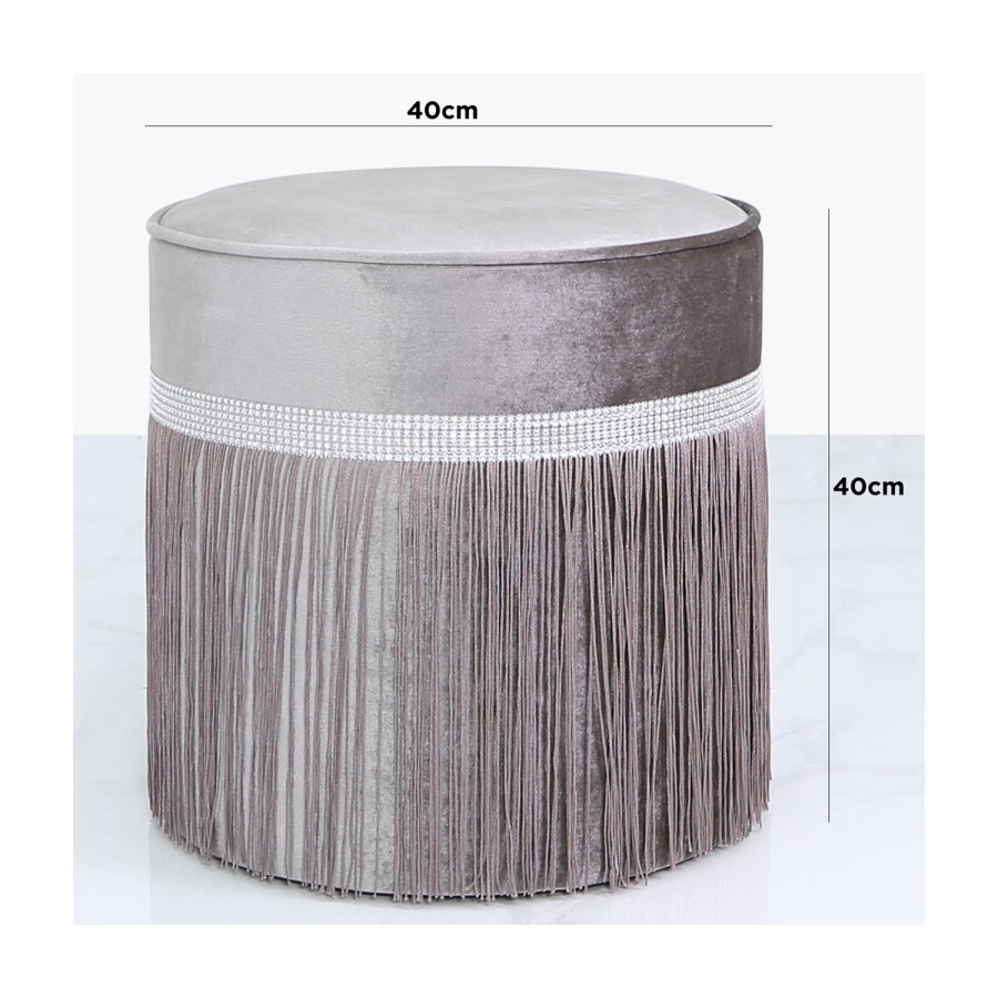Aurora Boutique Grey Round Stool With Diamante Band And Tassel Detail