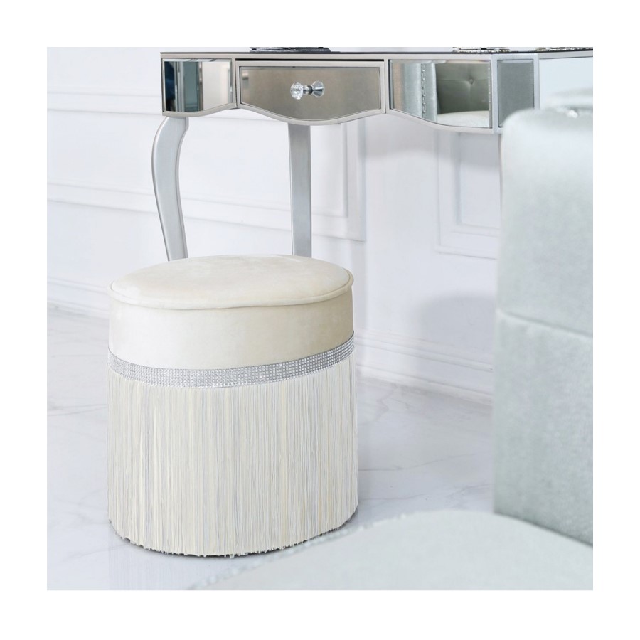 Aurora Boutique Ivory Round Stool With Diamante Band With Tassel Detail