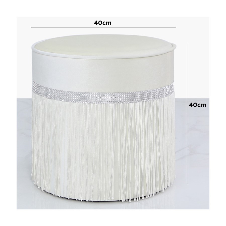 Aurora Boutique Ivory Round Stool With Diamante Band With Tassel Detail