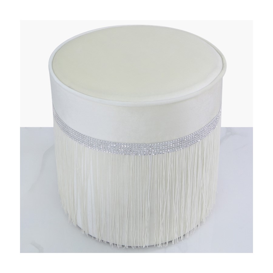 Aurora Boutique Ivory Round Stool With Diamante Band With Tassel Detail