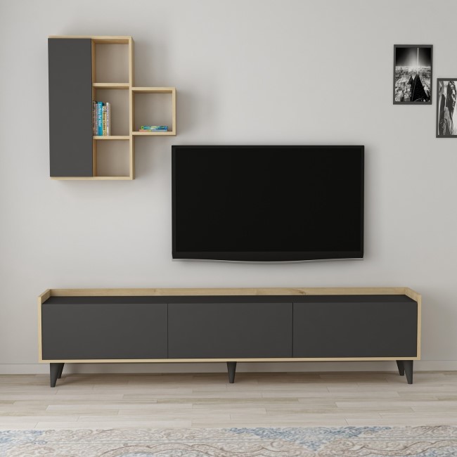 Etna Dark Grey and Oak TV Unit with Wall Shelves  