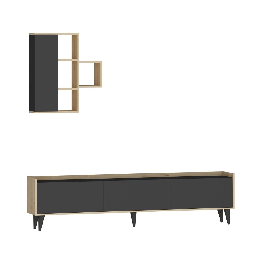 Etna Dark Grey and Oak TV Unit with Wall Shelves  