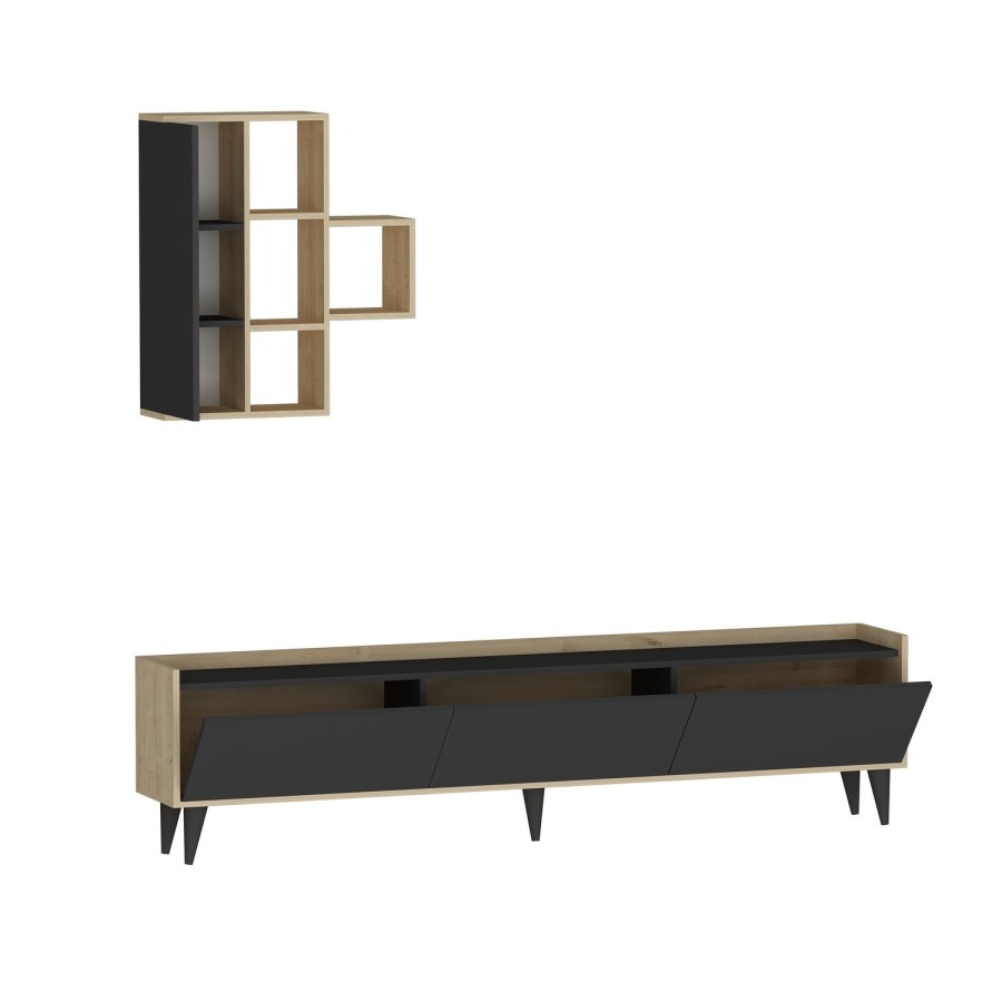 Etna Dark Grey and Oak TV Unit with Wall Shelves  