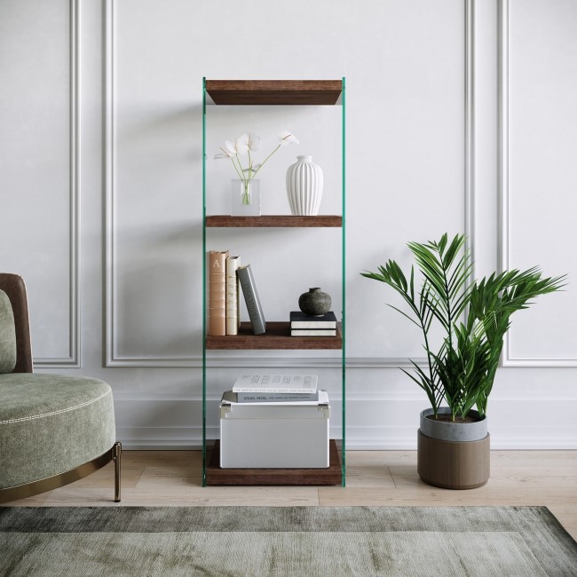 Small Walnut & Glass Bookcase with 4 Shelves