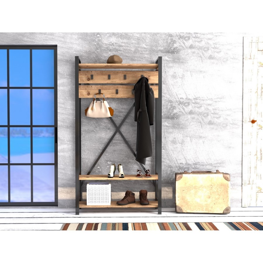 Wooden Multifunctional Hallway Unit with Black Metal Frame