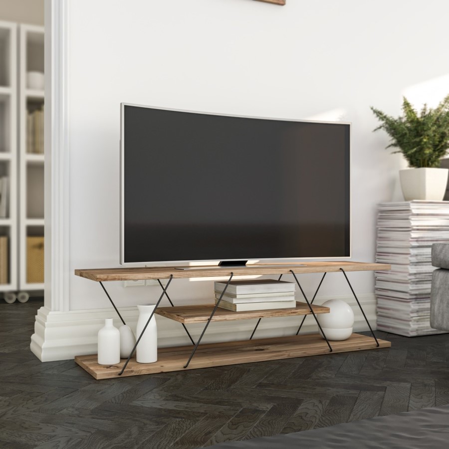 GRADE A1 - Walnut TV Stand With a Metal Frame