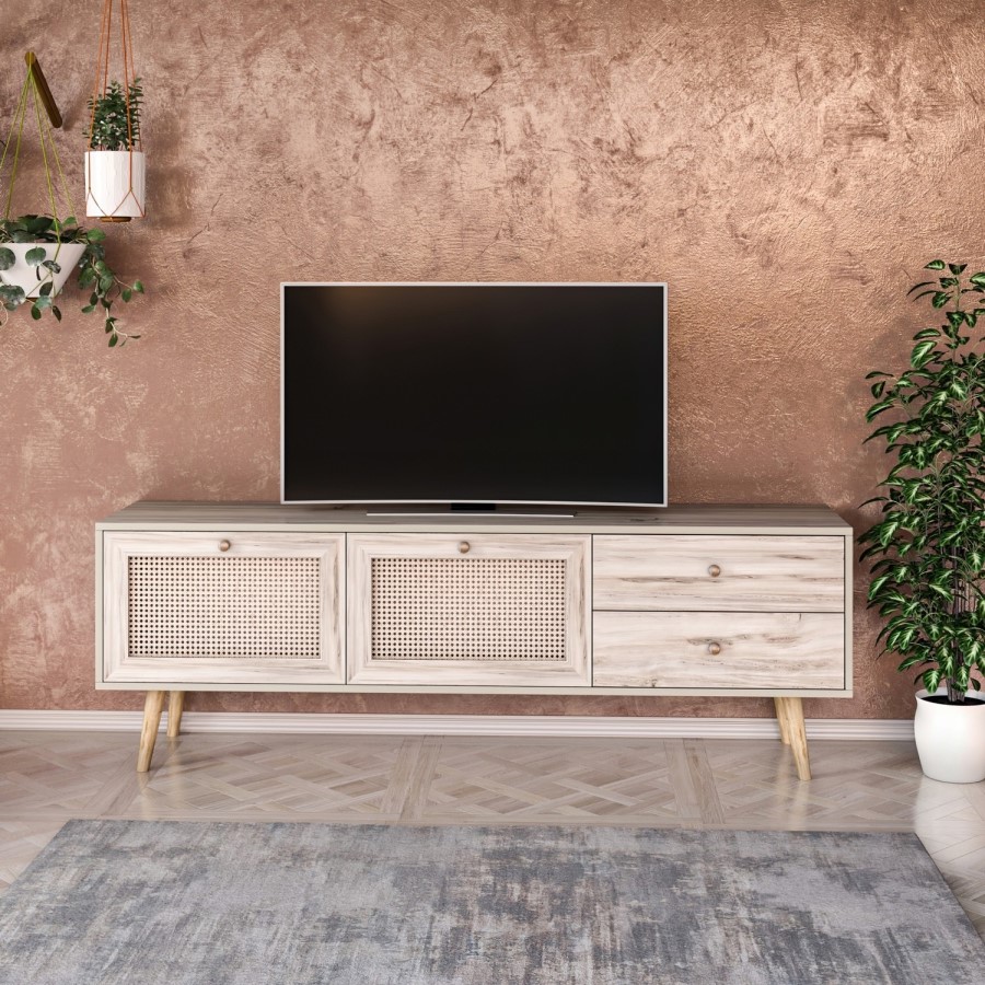 Patara TV Stand with Rattan Weave Doors