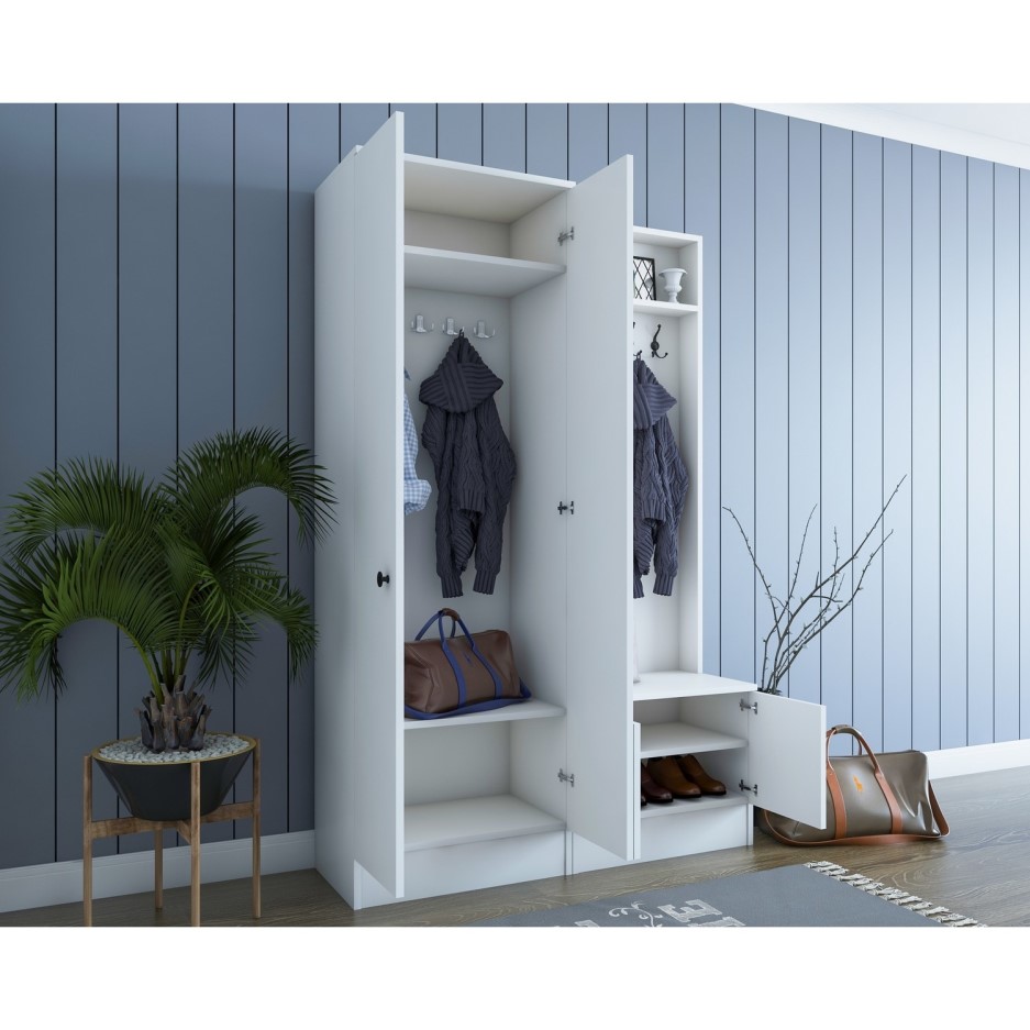 White Hall Storage Unit with Shoe Storage & Coat Hooks Furniture123