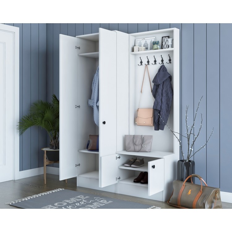 White Hall Storage Unit with Shoe Storage & Coat Hooks