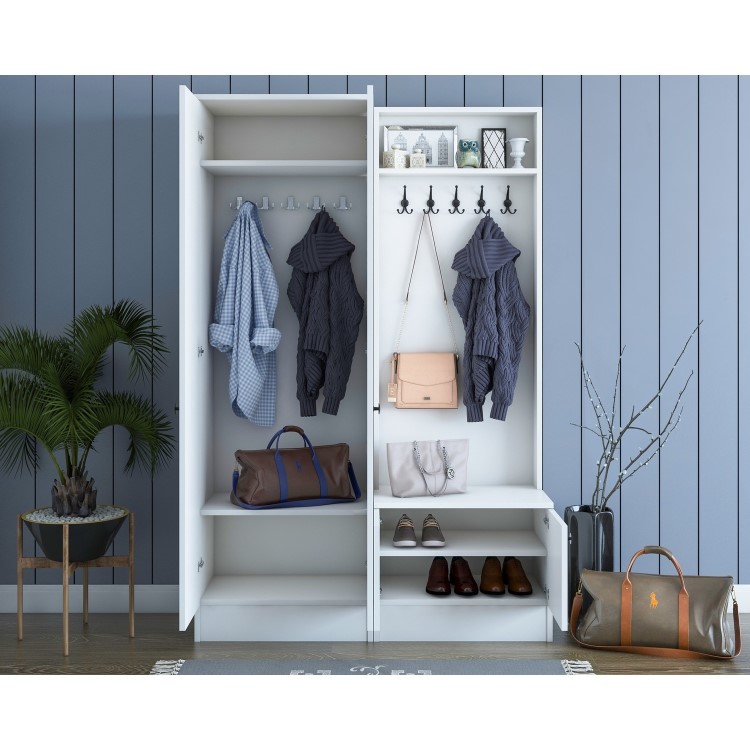 White Hall Storage Unit with Shoe Storage & Coat Hooks