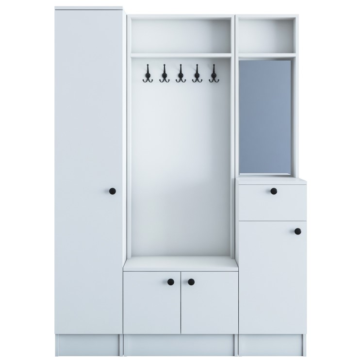 White Hall Storage Unit with Mirror Shoe Storage & Coat Hooks