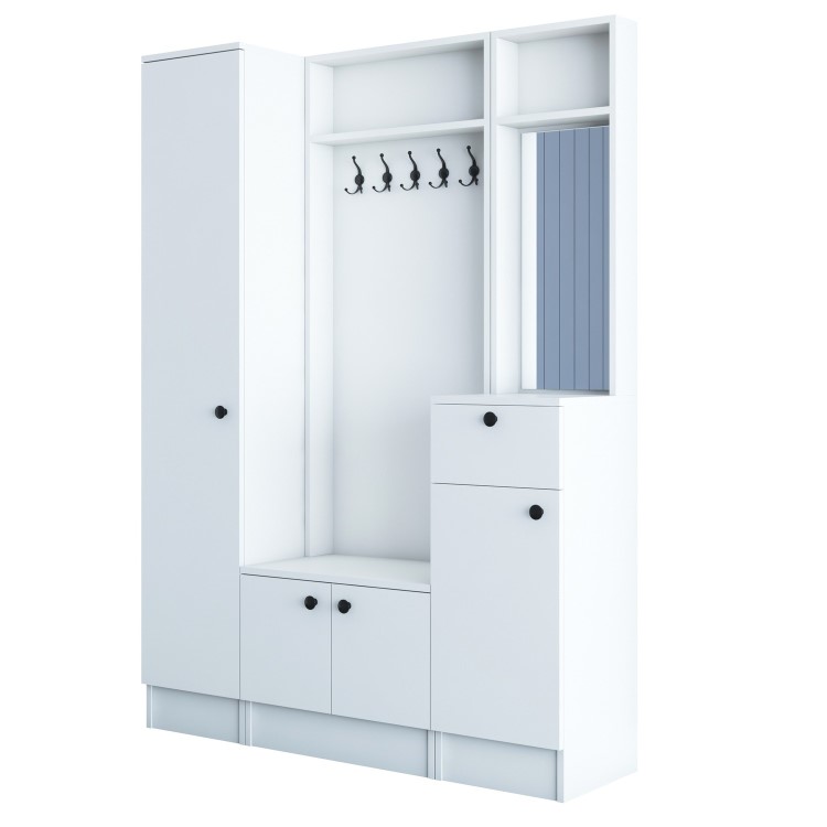 White Hall Storage Unit with Mirror Shoe Storage & Coat Hooks