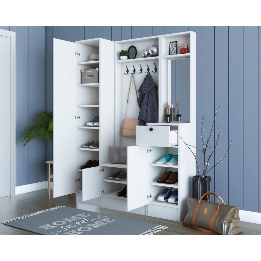 White Hall Storage Unit with Mirror Shoe Storage & Coat Hooks