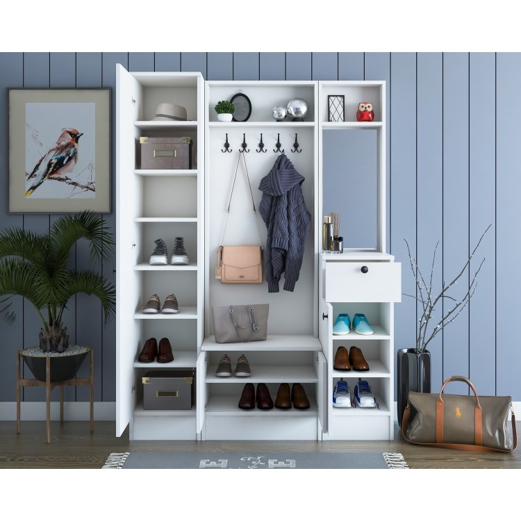 White Hall Storage Unit with Mirror Shoe Storage & Coat Hooks