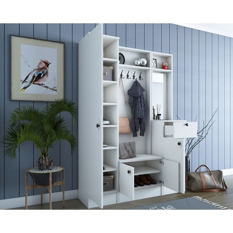 White Hall Storage Unit with Mirror Shoe Storage & Coat Hooks