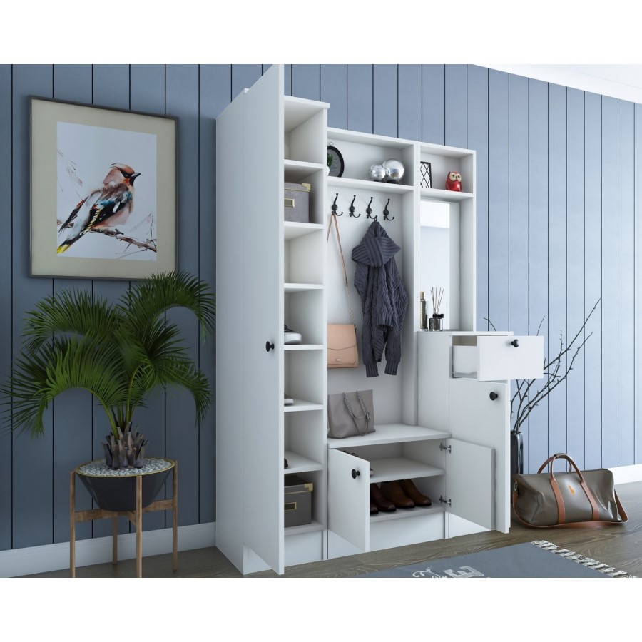 White Hall Storage Unit with Mirror Shoe Storage & Coat Hooks
