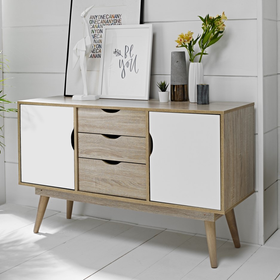 LPD Scandi Oak Effect Sideboard with White Cupboard Doors Furniture123