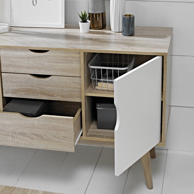 LPD Scandi Oak Effect Sideboard with White Cupboard Doors