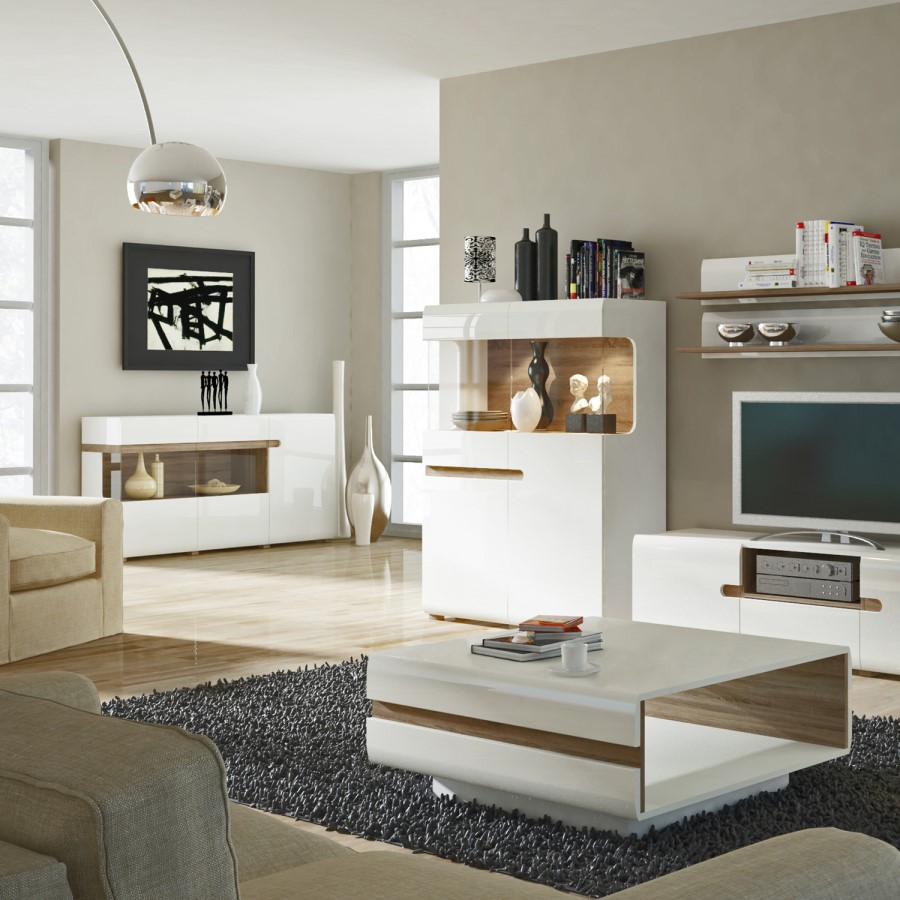 Chelsea White High Gloss & Oak Effect Wide Low Display Unit