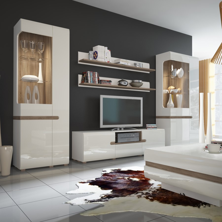 Chelsea White Narrow High Gloss & Oak Effect Left Hand Display Unit