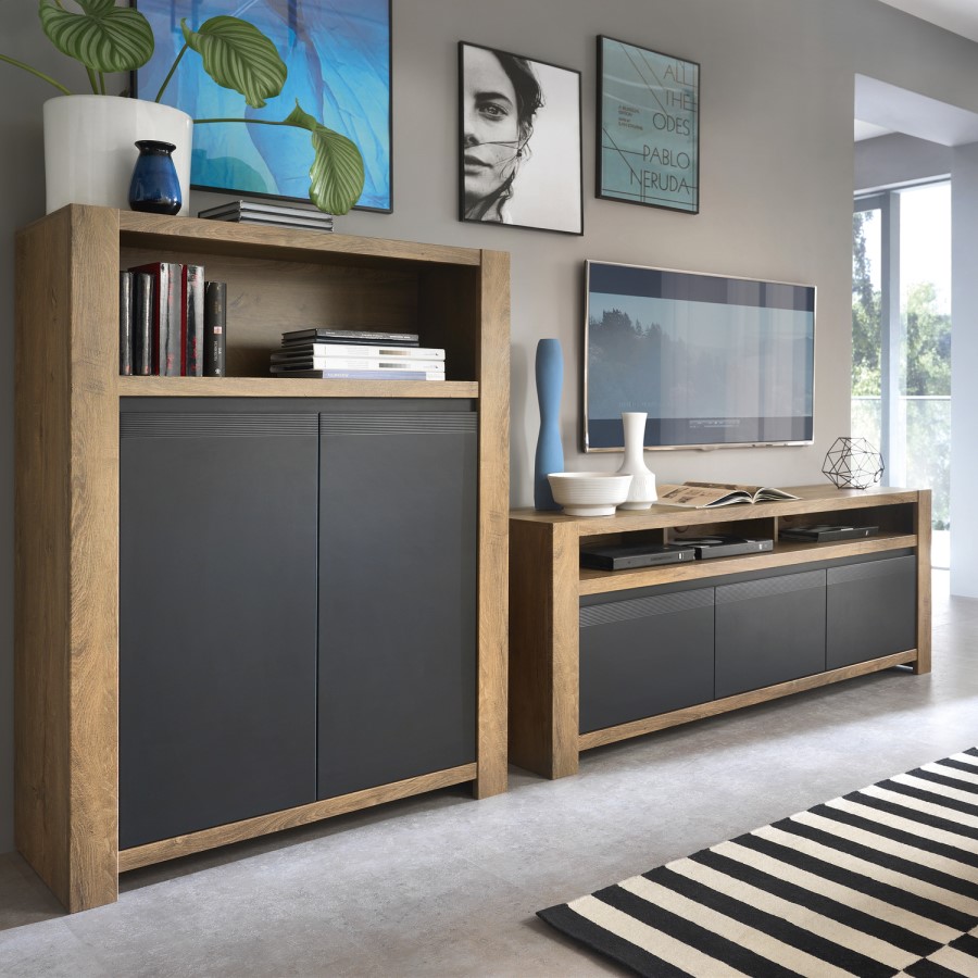 Havana 2 Door Tall Sideboard in Black & Oak Effect